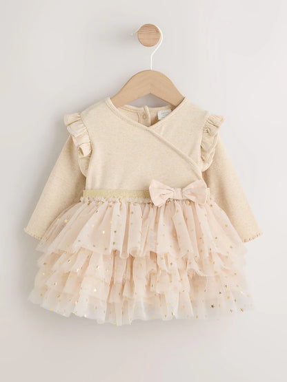 |BabyGirl| Vestido De Tule De Manga Comprida Ecru Star Para Bebê (0 meses a 2 anos)