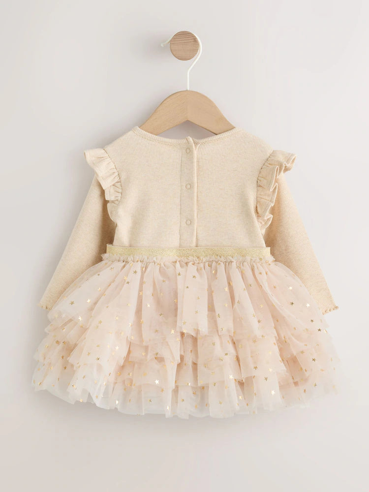 |BabyGirl| Vestido De Tule De Manga Comprida Ecru Star Para Bebê (0 meses a 2 anos)