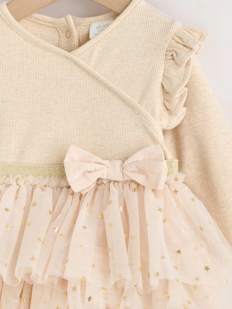 |BabyGirl| Vestido De Tule De Manga Comprida Ecru Star Para Bebê (0 meses a 2 anos)
