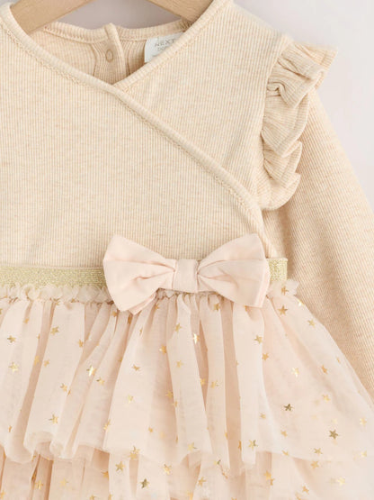 |BabyGirl| Vestido De Tule De Manga Comprida Ecru Star Para Bebê (0 meses a 2 anos)