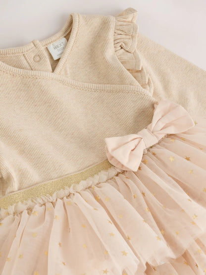 |BabyGirl| Vestido De Tule De Manga Comprida Ecru Star Para Bebê (0 meses a 2 anos)