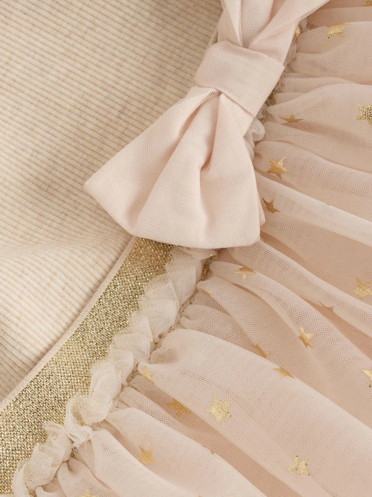 |BabyGirl| Vestido De Tule De Manga Comprida Ecru Star Para Bebê (0 meses a 2 anos)