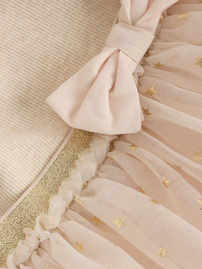 |BabyGirl| Vestido De Tule De Manga Comprida Ecru Star Para Bebê (0 meses a 2 anos)