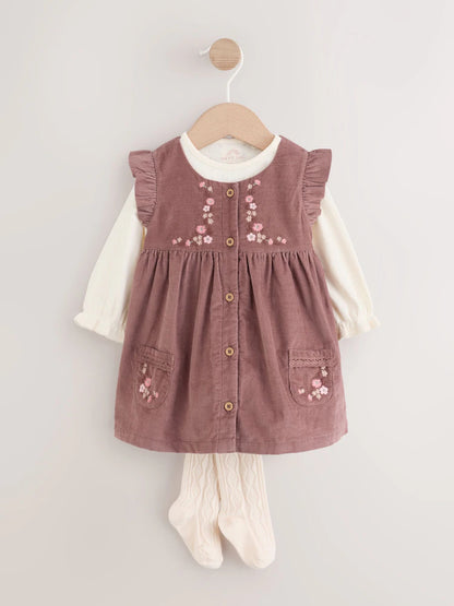 |BabyGirl| Conjunto De 3 Peças: Body Jardineira Floral Marrom-Chocolate e Meia-Calça (0 meses a 2 anos)