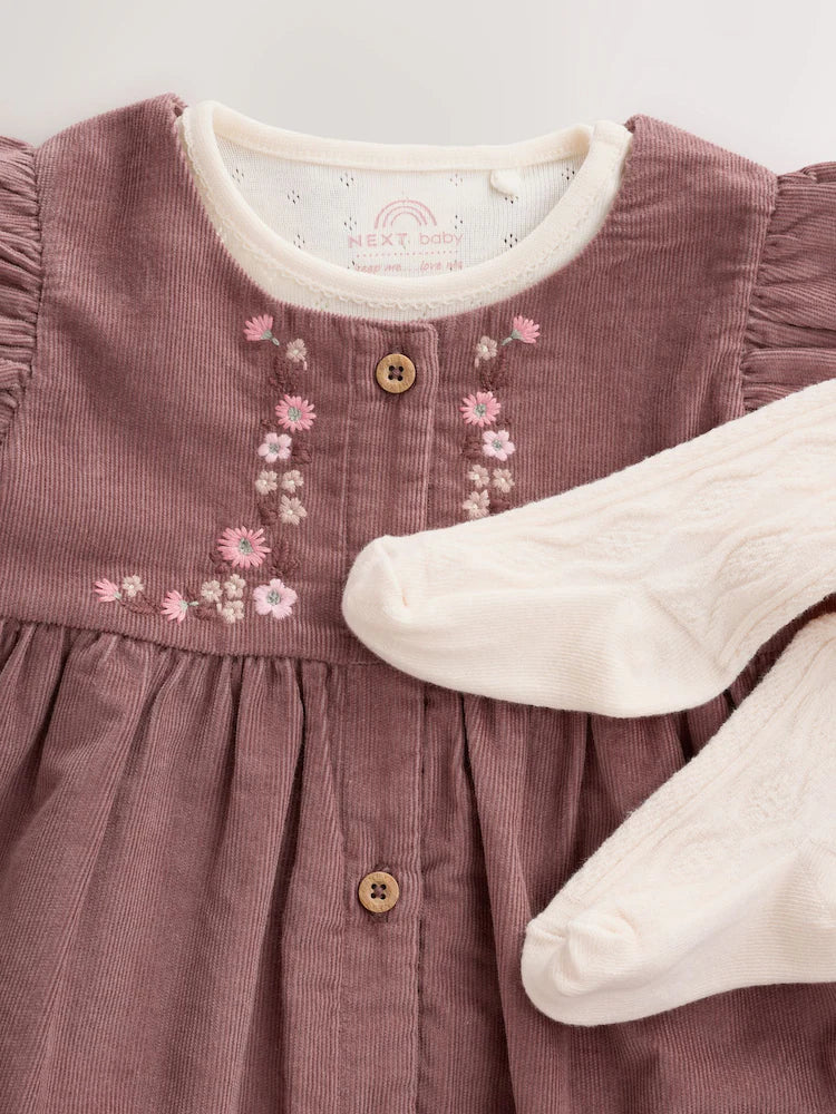 |BabyGirl| Conjunto De 3 Peças: Body Jardineira Floral Marrom-Chocolate e Meia-Calça (0 meses a 2 anos)