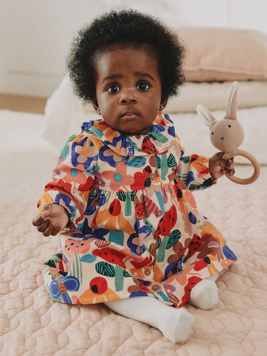 |BabyGirl| Conjunto De Vestido e Meia-Calça De Veludo Cotelê Com Estampa Colorida (2 peças, tamanhos de 0 meses a 2 anos)