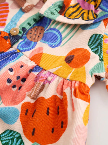 |BabyGirl| Conjunto De Vestido e Meia-Calça De Veludo Cotelê Com Estampa Colorida (2 peças, tamanhos de 0 meses a 2 anos)
