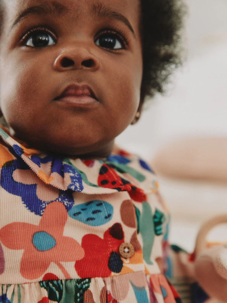 |BabyGirl| Conjunto De Vestido e Meia-Calça De Veludo Cotelê Com Estampa Colorida (2 peças, tamanhos de 0 meses a 2 anos)
