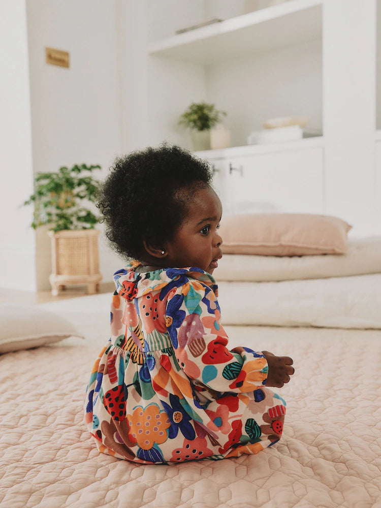 |BabyGirl| Conjunto De Vestido e Meia-Calça De Veludo Cotelê Com Estampa Colorida (2 peças, tamanhos de 0 meses a 2 anos)