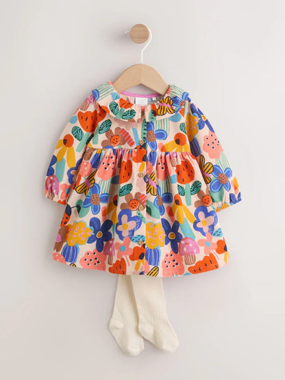 |BabyGirl| Conjunto De Vestido e Meia-Calça De Veludo Cotelê Com Estampa Colorida (2 peças, tamanhos de 0 meses a 2 anos)