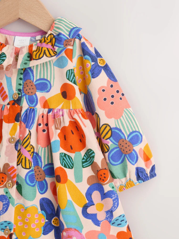 |BabyGirl| Conjunto De Vestido e Meia-Calça De Veludo Cotelê Com Estampa Colorida (2 peças, tamanhos de 0 meses a 2 anos)