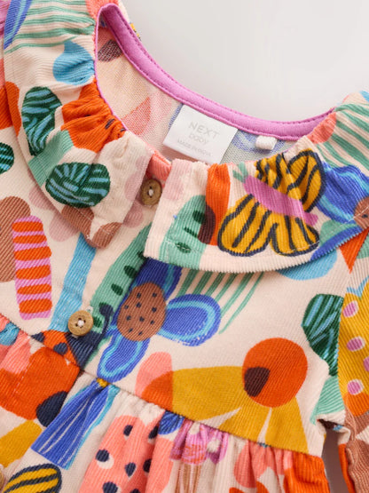 |BabyGirl| Conjunto De Vestido e Meia-Calça De Veludo Cotelê Com Estampa Colorida (2 peças, tamanhos de 0 meses a 2 anos)