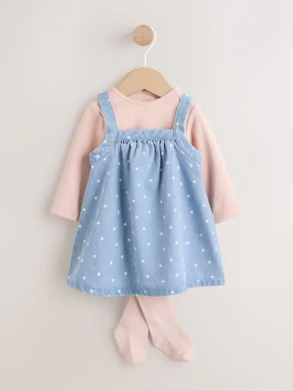 |BabyGirl| Conjunto De 3 Peças: Vestido Jardineira Jeans Com Estampa De Bolinhas, Body De manga longa e meia-calça (0 meses a 2 anos)