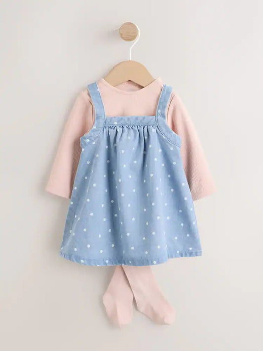 |BabyGirl| Conjunto De 3 Peças: Vestido Jardineira Jeans Com Estampa De Bolinhas, Body De manga longa e meia-calça (0 meses a 2 anos)