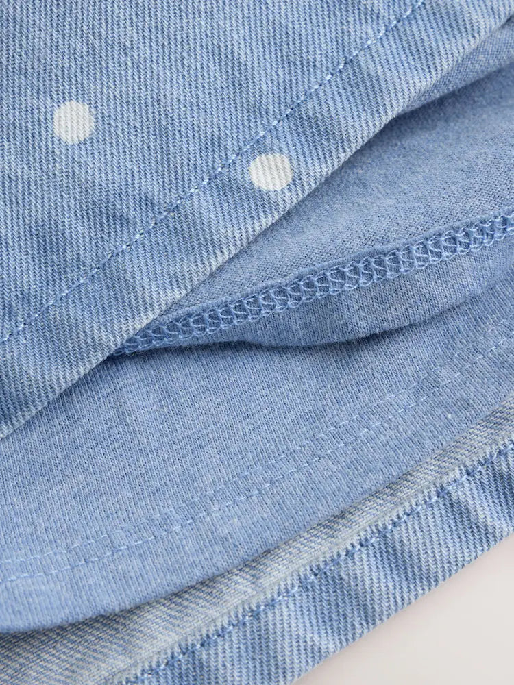|BabyGirl| Conjunto De 3 Peças: Vestido Jardineira Jeans Com Estampa De Bolinhas, Body De manga longa e meia-calça (0 meses a 2 anos)