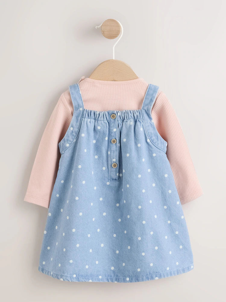 |BabyGirl| Conjunto De 3 Peças: Vestido Jardineira Jeans Com Estampa De Bolinhas, Body De manga longa e meia-calça (0 meses a 2 anos)