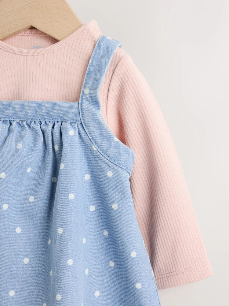 |BabyGirl| Conjunto De 3 Peças: Vestido Jardineira Jeans Com Estampa De Bolinhas, Body De manga longa e meia-calça (0 meses a 2 anos)