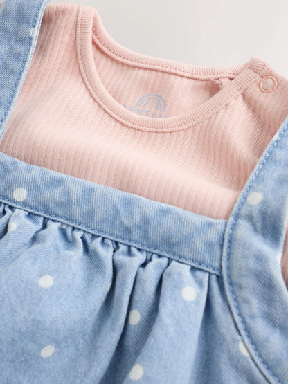 |BabyGirl| Conjunto De 3 Peças: Vestido Jardineira Jeans Com Estampa De Bolinhas, Body De manga longa e meia-calça (0 meses a 2 anos)