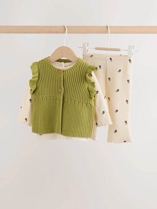 |BabyGirl| Conjunto De 3 Peças Para Bebé (0 meses a 2 anos): Colete De Malha (cru/verde) e conjunto de blusa e calças caneladas estampadas