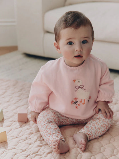 |BabyGirl| Conjunto de Moletom e Legging com Estampa de Pato Rosa (0 meses a 2 anos)