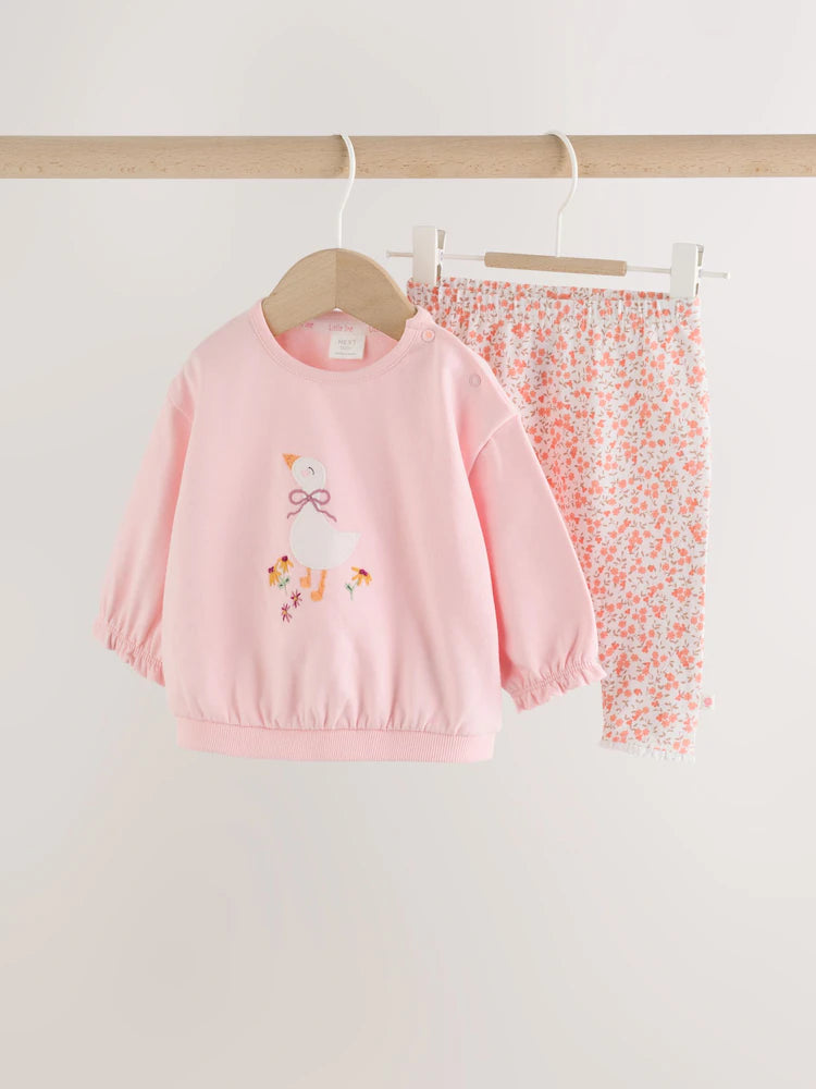 |BabyGirl| Conjunto de Moletom e Legging com Estampa de Pato Rosa (0 meses a 2 anos)