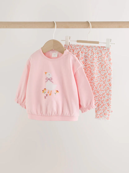 |BabyGirl| Conjunto de Moletom e Legging com Estampa de Pato Rosa (0 meses a 2 anos)