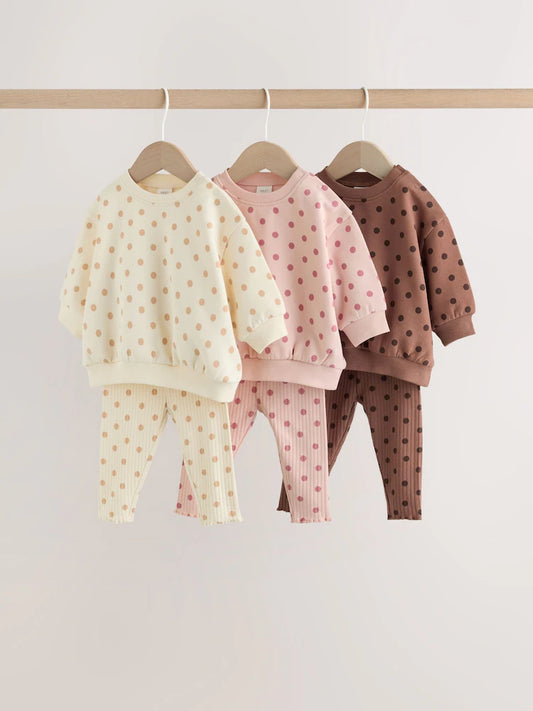 |BabyGirl| Conjunto De 6 Peças Para Bebê: Blusão e Leggings (marrom-chocolate e estampa de poá rosa) – tamanhos de 0 meses a 2 anos