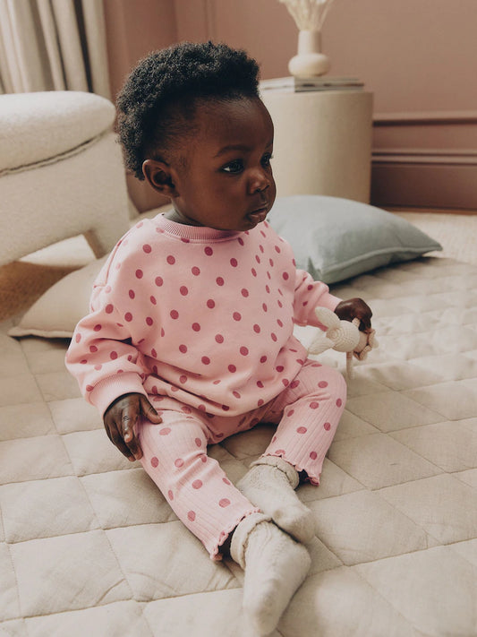 |BabyGirl| Conjunto De 6 Peças Para Bebê: Blusão e Leggings (marrom-chocolate e estampa de poá rosa) – tamanhos de 0 meses a 2 anos