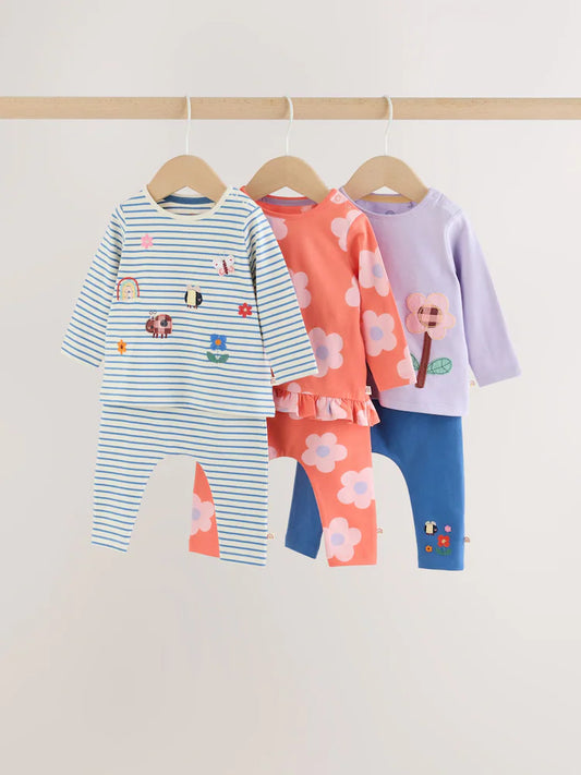 |BabyGirl| Conjunto De 6 Peças Para Bebê: Camiseta De Manga Longa Listrada Azul-Marinho e Leggings (0 meses a 2 anos)