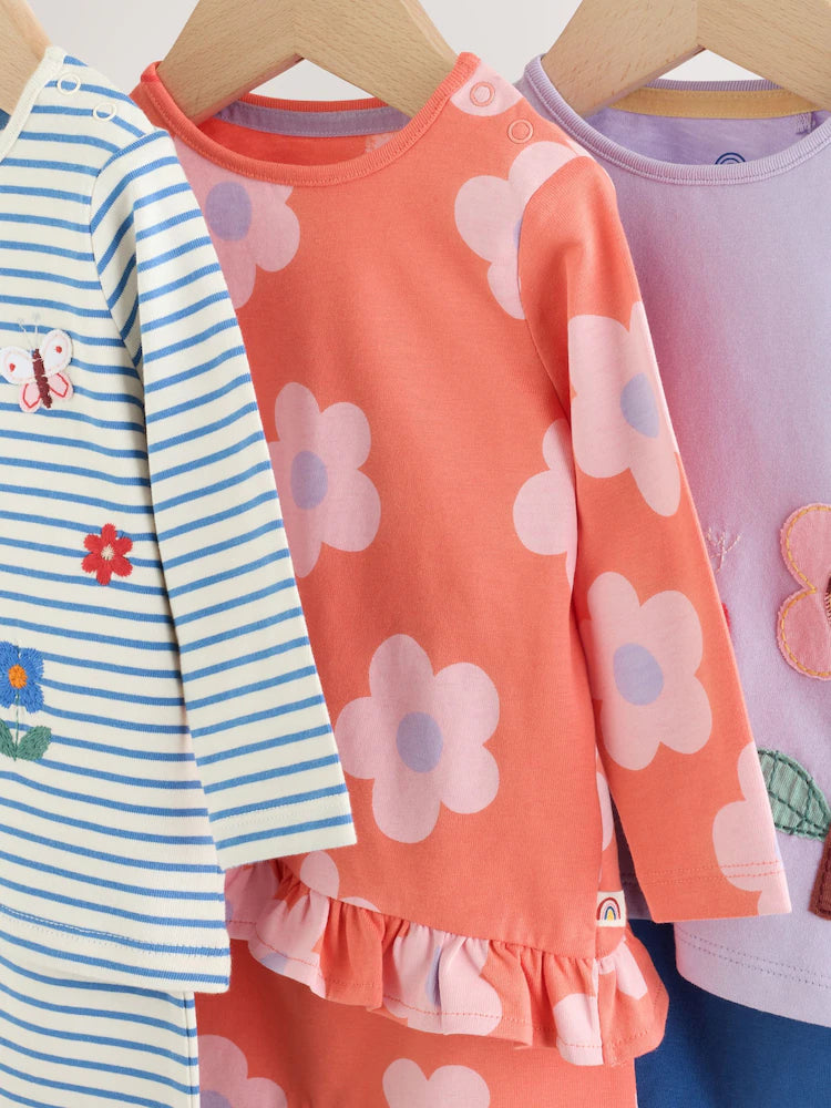 |BabyGirl| Conjunto De 6 Peças Para Bebê: Camiseta De Manga Longa Listrada Azul-Marinho e Leggings (0 meses a 2 anos)