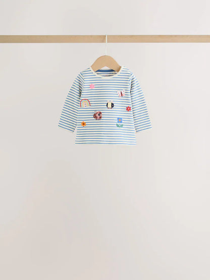 |BabyGirl| Conjunto De 6 Peças Para Bebê: Camiseta De Manga Longa Listrada Azul-Marinho e Leggings (0 meses a 2 anos)