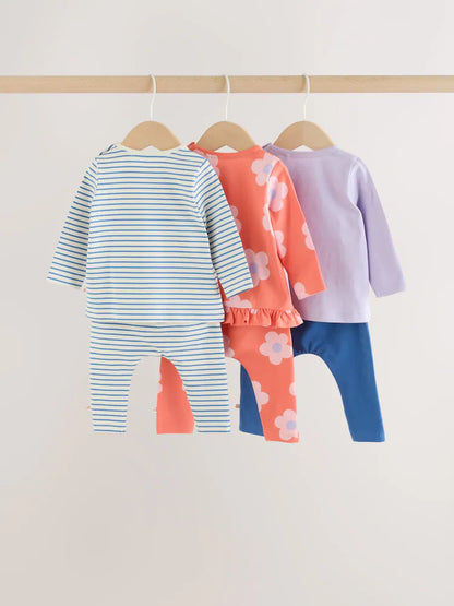 |BabyGirl| Conjunto De 6 Peças Para Bebê: Camiseta De Manga Longa Listrada Azul-Marinho e Leggings (0 meses a 2 anos)