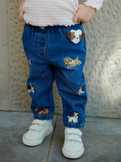 |Girl| Calça Jeans Mom com Bordado de Cachorrinho (3 meses a 7 anos)