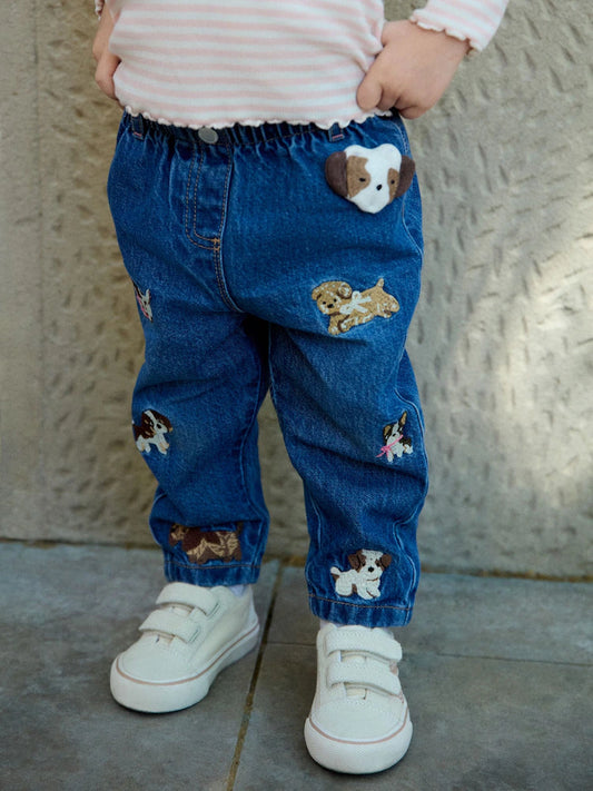|Girl| Calça Jeans Mom com Bordado de Cachorrinho (3 meses a 7 anos)
