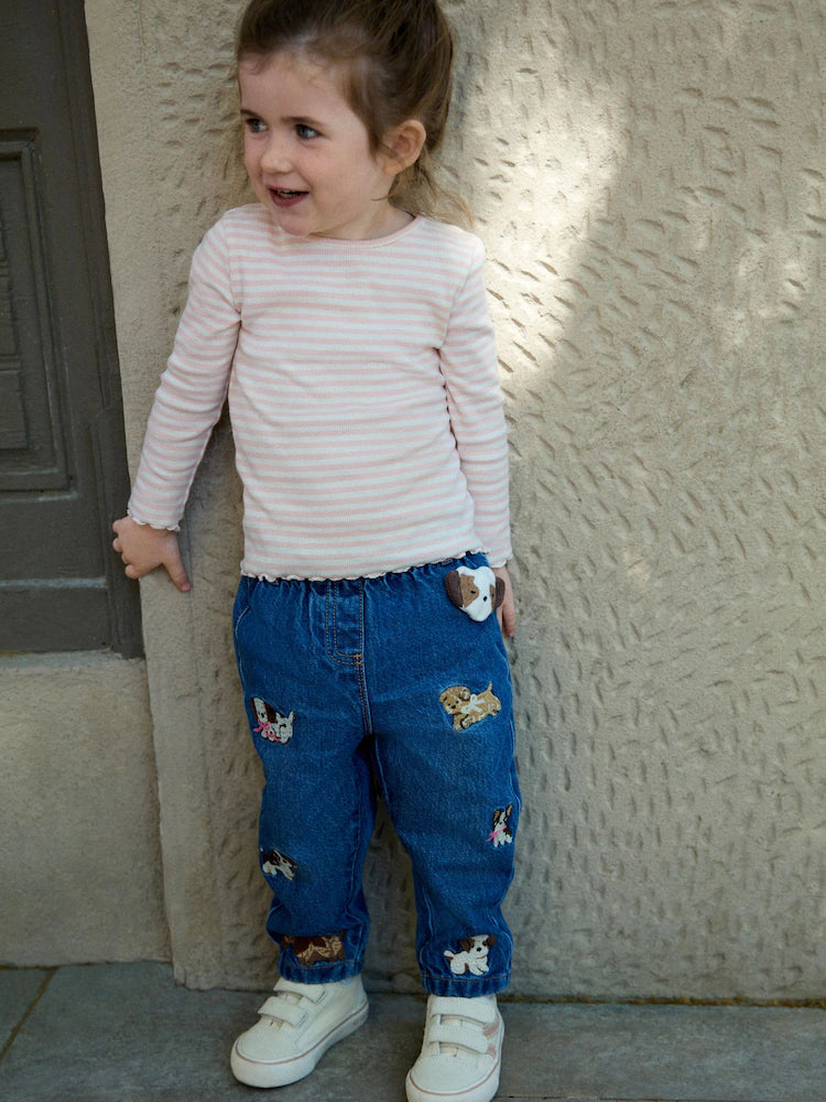 |Girl| Calça Jeans Mom com Bordado de Cachorrinho (3 meses a 7 anos)