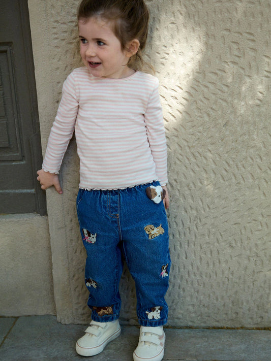 |Girl| Calça Jeans Mom com Bordado de Cachorrinho (3 meses a 7 anos)