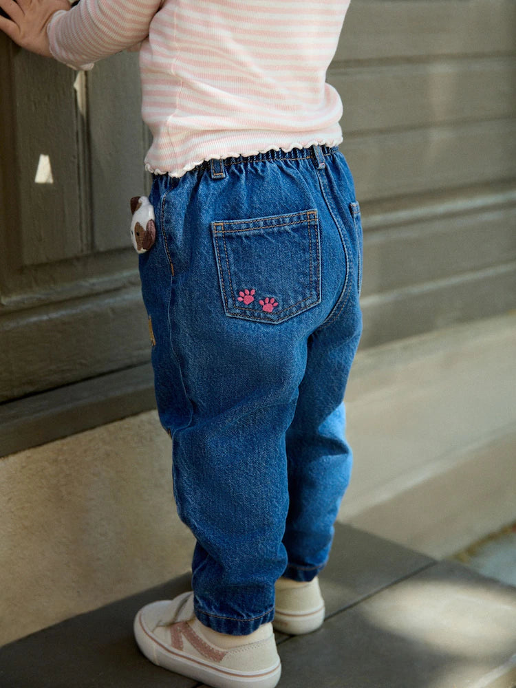|Girl| Calça Jeans Mom com Bordado de Cachorrinho (3 meses a 7 anos)