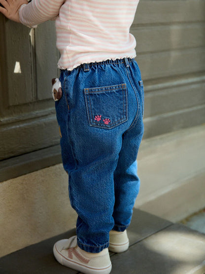 |Girl| Calça Jeans Mom com Bordado de Cachorrinho (3 meses a 7 anos)