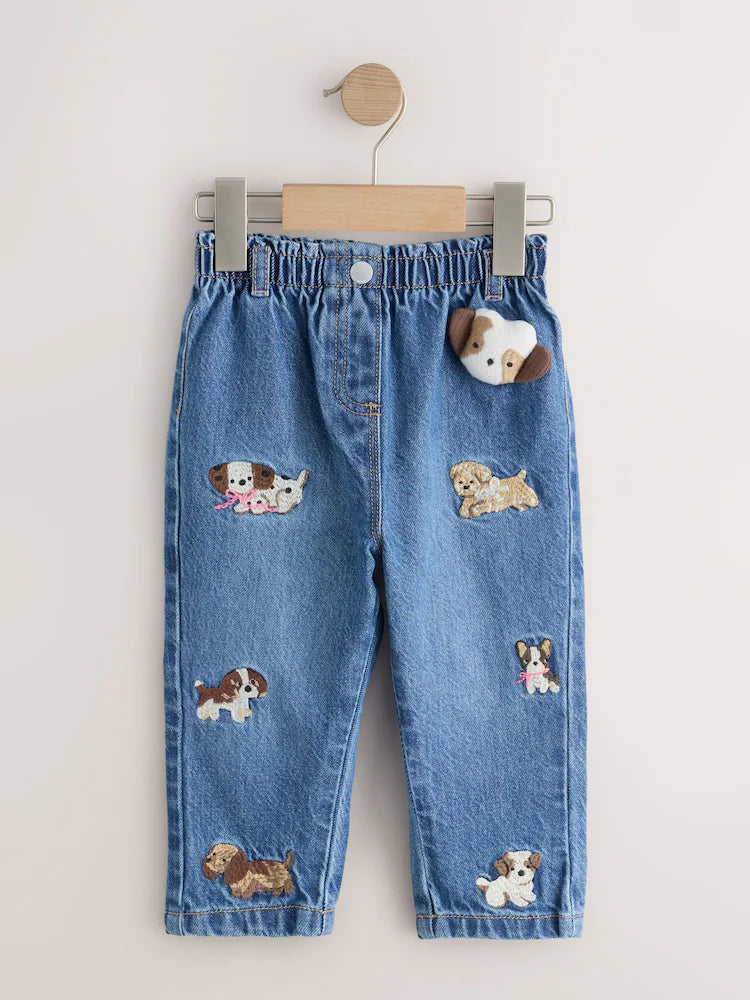 |Girl| Calça Jeans Mom com Bordado de Cachorrinho (3 meses a 7 anos)