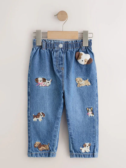 |Girl| Calça Jeans Mom com Bordado de Cachorrinho (3 meses a 7 anos)