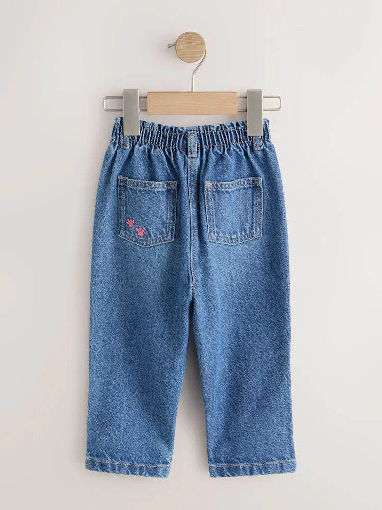 |Girl| Calça Jeans Mom com Bordado de Cachorrinho (3 meses a 7 anos)