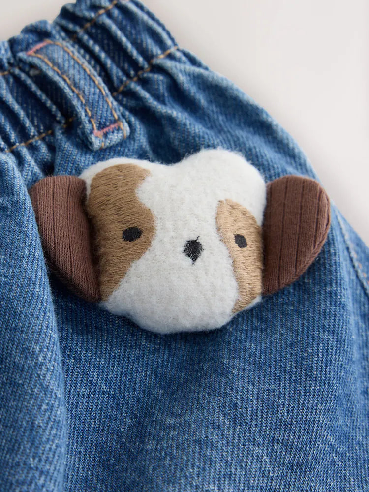 |Girl| Calça Jeans Mom com Bordado de Cachorrinho (3 meses a 7 anos)