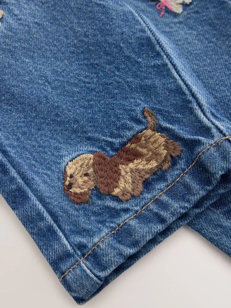 |Girl| Calça Jeans Mom com Bordado de Cachorrinho (3 meses a 7 anos)