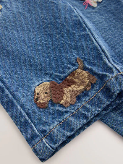 |Girl| Calça Jeans Mom com Bordado de Cachorrinho (3 meses a 7 anos)