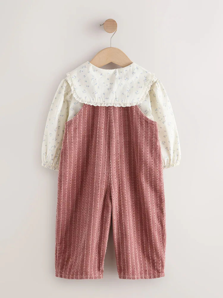 |Girl| Conjunto De 2 Peças: Blusa Com Estampa Floral Miúda (Tom Cru) e Jardineira De Veludo Cotelê Rosa (3 meses a 7 anos)