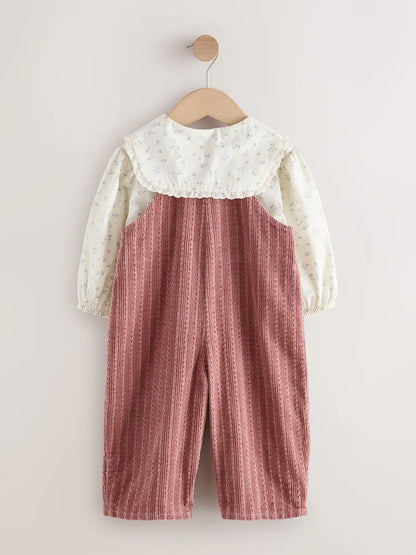 |Girl| Conjunto De 2 Peças: Blusa Com Estampa Floral Miúda (Tom Cru) e Jardineira De Veludo Cotelê Rosa (3 meses a 7 anos)