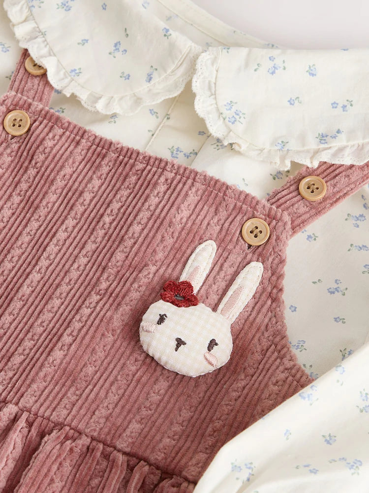 |Girl| Conjunto De 2 Peças: Blusa Com Estampa Floral Miúda (Tom Cru) e Jardineira De Veludo Cotelê Rosa (3 meses a 7 anos)