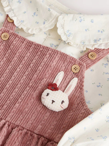 |Girl| Conjunto De 2 Peças: Blusa Com Estampa Floral Miúda (Tom Cru) e Jardineira De Veludo Cotelê Rosa (3 meses a 7 anos)