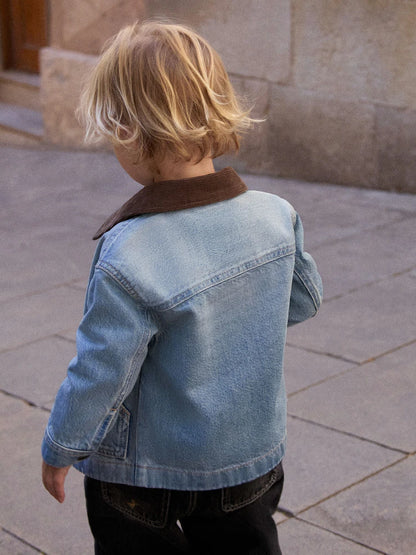 |Boy| Camisa Jeans Azul de Manga Longa com Gola de Veludo Cotelê (3 meses a 7 anos)