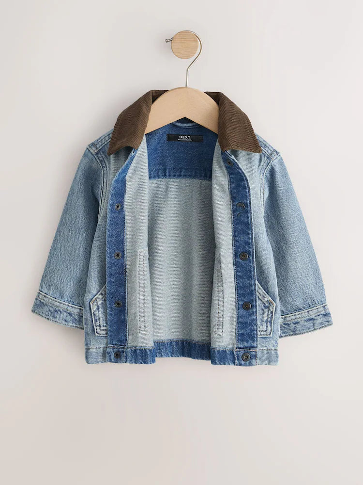 |Boy| Camisa Jeans Azul de Manga Longa com Gola de Veludo Cotelê (3 meses a 7 anos)